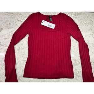 Bobi Women's Burgundy Pinot Ribbed Long Sleeve Square Neck Top Sz S Stretch